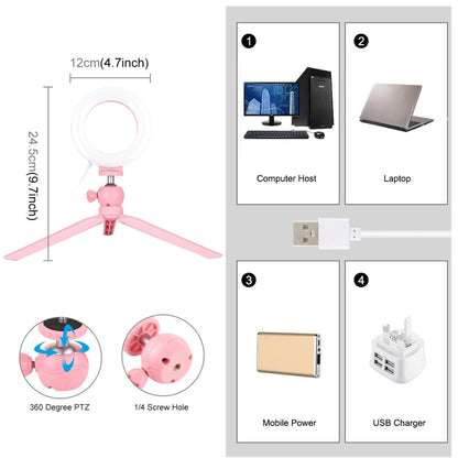PULUZ 4.7 inch 12cm Light + Desktop Tripod Mount USB 3 Modes Dimmable LED Ring Vlogging Selfie Photography Video Lights with Cold Shoe Tripod Ball Head (Pink) - Consumer Electronics by PULUZ | Online Shopping UK | buy2fix