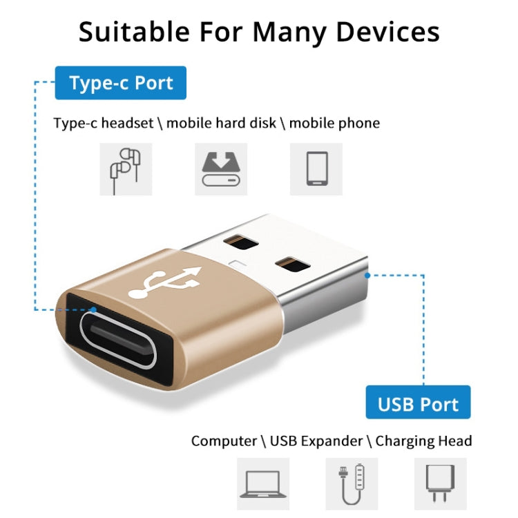 USB-C / Type-C Female to USB 2.0 Male Aluminum Alloy Adapter, Support Charging & Transmission(Gold) - Type-C Adapter by buy2fix | Online Shopping UK | buy2fix