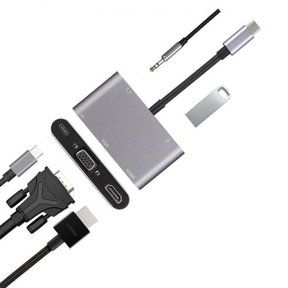 5 in 1 Type-C To HDMI + VGA + USB 3.0 + Audio Port + PD Port HUB Adapter(Grey) - Computer & Networking by buy2fix | Online Shopping UK | buy2fix