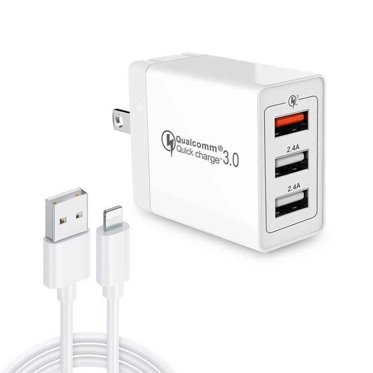 SDC-30W 2 in 1 USB to 8 Pin Data Cable + 30W QC 3.0 USB + 2.4A Dual USB 2.0 Ports Mobile Phone Tablet PC Universal Quick Charger Travel Charger Set,  US Plug - USB Charger by buy2fix | Online Shopping UK | buy2fix