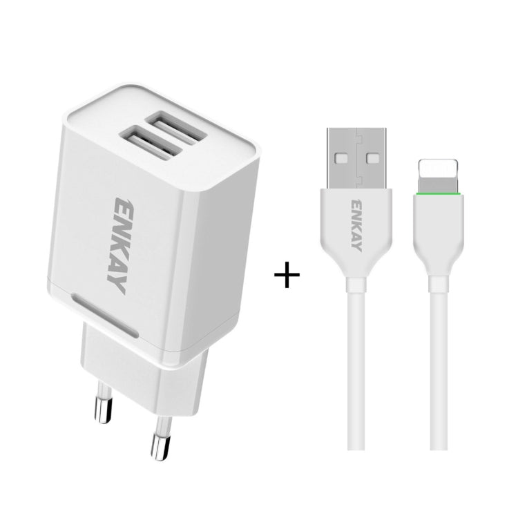 ENKAY Hat-Prince T003-1 10.5W 2.1A Dual USB Charging EU Plug Travel Power Adapter With 2.1A 1m 8 Pin Cable - Mobile Accessories by ENKAY | Online Shopping UK | buy2fix