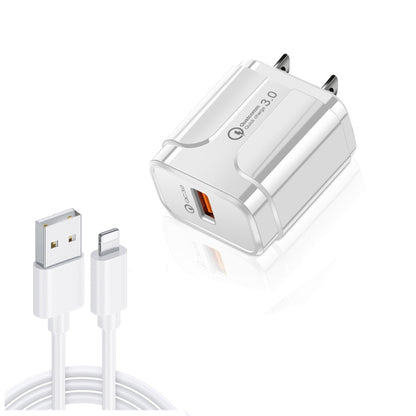 LZ-023 18W QC 3.0 USB Portable Travel Charger + 3A USB to 8 Pin Data Cable, US Plug(White) - USB Charger by buy2fix | Online Shopping UK | buy2fix