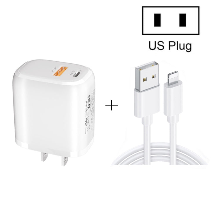 CS-20W Mini Portable PD3.0 + QC3.0 Dual Ports Fast Charger with 3A USB to 8 Pin Data Cable(US Plug) - USB Charger by buy2fix | Online Shopping UK | buy2fix