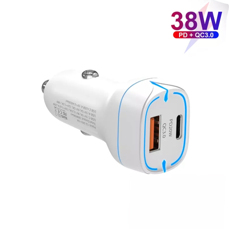 38W PD20W + QC3.0 USB Car Charger with USB to Type-C Data Cable, Length: 1m(White) - In Car by buy2fix | Online Shopping UK | buy2fix