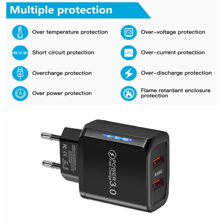 36W Dual Port QC3.0 USB Charger with 3A USB to Micro USB Data Cable, EU Plug(Black) - Mobile Accessories by buy2fix | Online Shopping UK | buy2fix