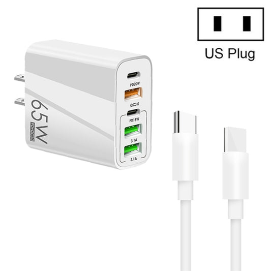 65W Dual PD Type-C + 3 x USB Multi Port Charger with 3A Type-C to Type-C Data Cable, US Plug(White) - Mobile Accessories by buy2fix | Online Shopping UK | buy2fix