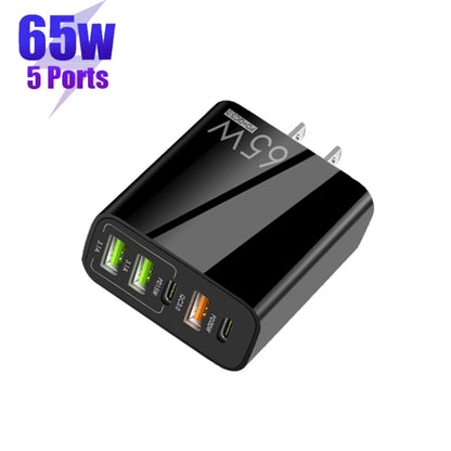 65W Dual PD Type-C + 3 x USB Multi Port Charger with 3A Type-C to Type-C Data Cable, US Plug(Black) - Mobile Accessories by buy2fix | Online Shopping UK | buy2fix