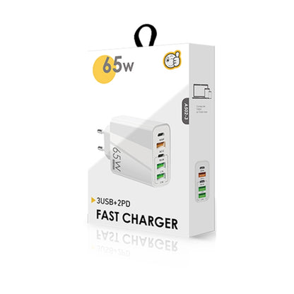 65W Dual PD Type-C + 3 x USB Multi Port Charger with 3A Type-C to Type-C Data Cable, EU Plug(White) - USB Charger by buy2fix | Online Shopping UK | buy2fix