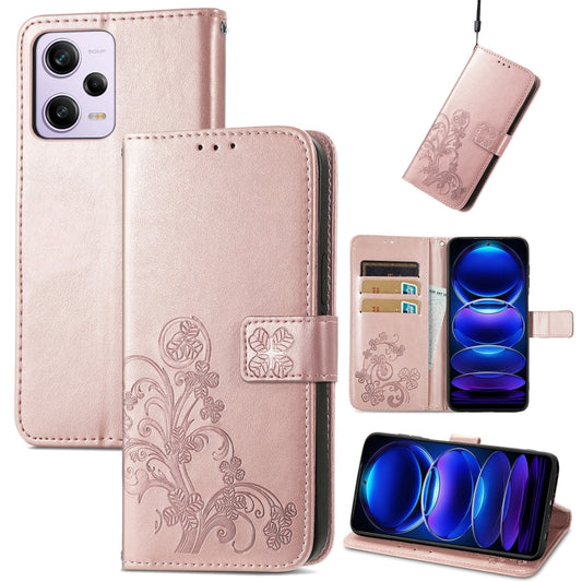 For Xiaomi Redmi Note 12 5G Global Four-leaf Clasp Embossed Buckle Leather Phone Case(Rose Gold) - Note 12 Cases by buy2fix | Online Shopping UK | buy2fix