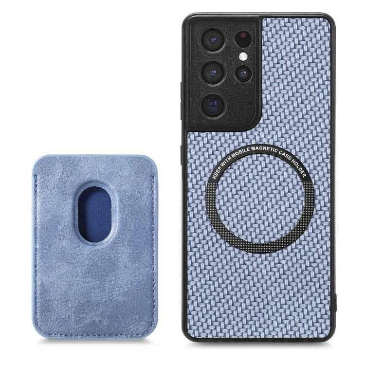For Samsung Galaxy S21 Ultra 5G Carbon Fiber Leather Card Magsafe Magnetic Phone Case(Blue) - Galaxy S21 Ultra 5G Cases by buy2fix | Online Shopping UK | buy2fix