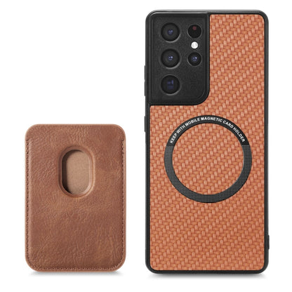 For Samsung Galaxy S21 Ultra 5G Carbon Fiber Leather Card Magsafe Magnetic Phone Case(Brown) - Galaxy S21 Ultra 5G Cases by buy2fix | Online Shopping UK | buy2fix