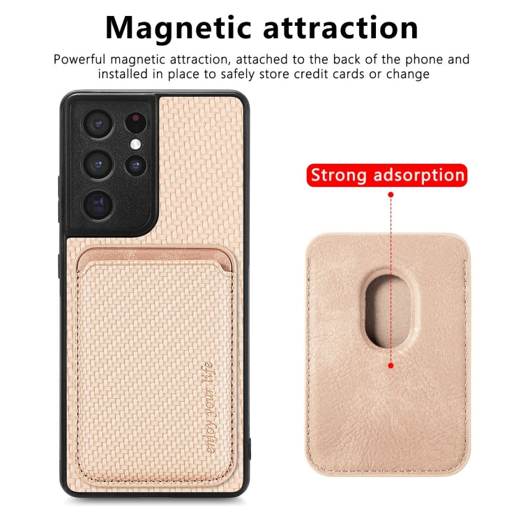 For Samsung Galaxy S21 Ultra 5G Carbon Fiber Leather Card Magsafe Magnetic Phone Case(Khaki) - Galaxy S21 Ultra 5G Cases by buy2fix | Online Shopping UK | buy2fix