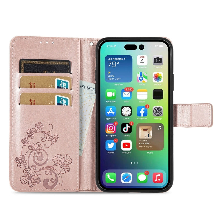 For iPhone 15 Pro Four-leaf Clasp Embossed Buckle Leather Phone Case(Rose Gold) - iPhone 15 Pro Cases by buy2fix | Online Shopping UK | buy2fix