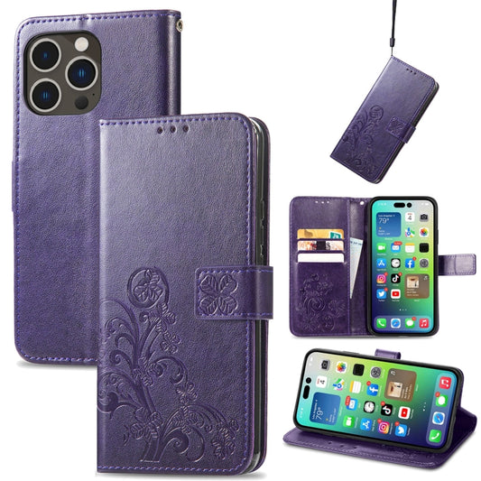 For iPhone 15 Pro Max Four-leaf Clasp Embossed Buckle Leather Phone Case(Purple) - iPhone 15 Pro Max Cases by buy2fix | Online Shopping UK | buy2fix