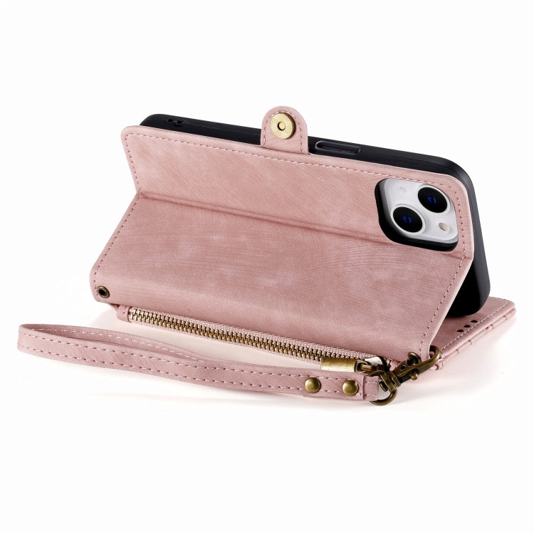 For iPhone 14 Geometric Zipper Wallet Side Buckle Leather Phone Case(Pink) - iPhone 14 Cases by buy2fix | Online Shopping UK | buy2fix