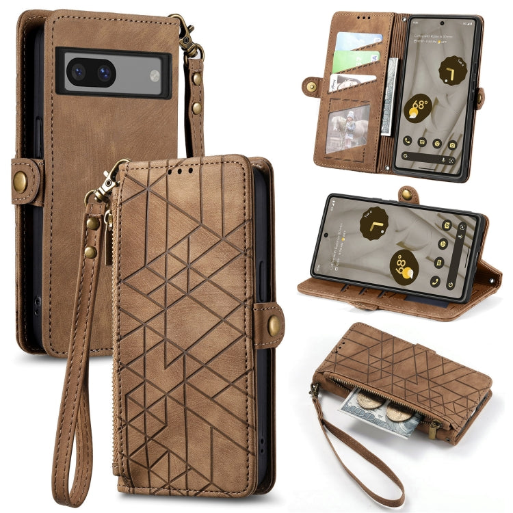 For Google Pixel 7A Geometric Zipper Wallet Side Buckle Leather Phone Case(Brown) - Google Cases by buy2fix | Online Shopping UK | buy2fix