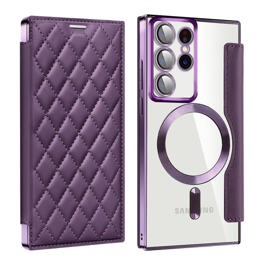 For Samsung Galaxy S22 Ultra 5G Shield Magsafe RFID Anti-theft Rhombus Leather Phone Case(Purple) - Galaxy S22 Ultra 5G Cases by buy2fix | Online Shopping UK | buy2fix