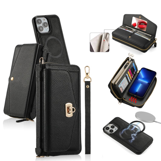 For iPhone 13 Pro Max MagSafe Crossbody Multi-functional Zipper Wallet Litchi Leather Phone Case(Black) - More iPhone Cases by buy2fix | Online Shopping UK | buy2fix