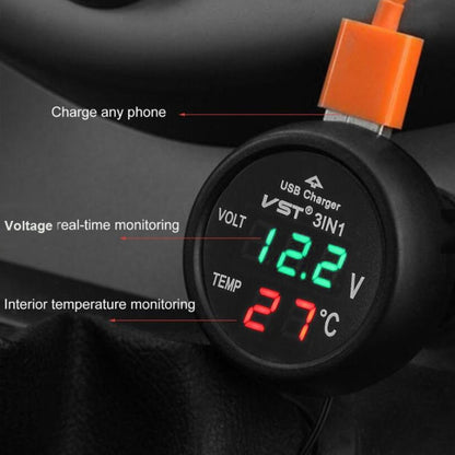 3 In 1 Car USB Charger Car Cigarette Lighter With Voltage Detection Display Multi-function Monitoring Table(Red Green) - In Car by buy2fix | Online Shopping UK | buy2fix