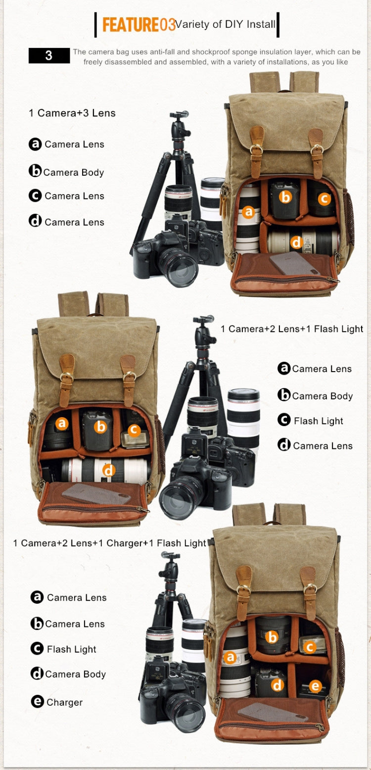 Batik Canvas Waterproof Photography Bag Outdoor Wear-resistant Large Camera Photo Backpack Men for Nikon / Canon / Sony / Fujifilm(Khaki) - Camera Accessories by buy2fix | Online Shopping UK | buy2fix