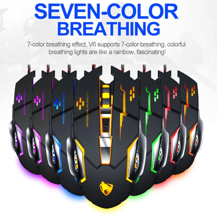 T-WOLF V6 USB Interface 6-Buttons 3200 DPI Wired Mouse Gaming Mechanical Macro Programming 7-Color Luminous Gaming Mouse, Cable Length: 1.5m(Macro Definition Silent Version Black Silver) - Wired Mice by T-WOLF | Online Shopping UK | buy2fix