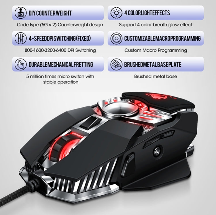 T-WOLF V10 USB Interface 7 Buttons 6400 DPI Gaming Wired Mouse Custom Macro Programming 4-Color Breathing Light Gaming Mouse, Cable Length: 1.5m(Gun Color) - Wired Mice by T-WOLF | Online Shopping UK | buy2fix