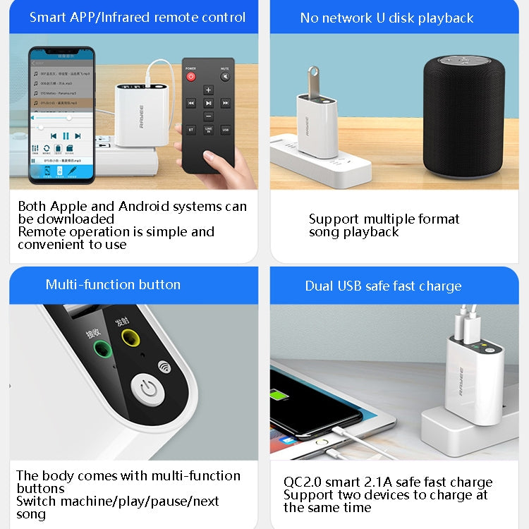 RAYEE K8 Remote Control Version 2 in 1 Bluetooth 5.0 Receiver & Transmitter Audio Adapter Support Fast Charge U Disk, US Plug - Apple Accessories by buy2fix | Online Shopping UK | buy2fix