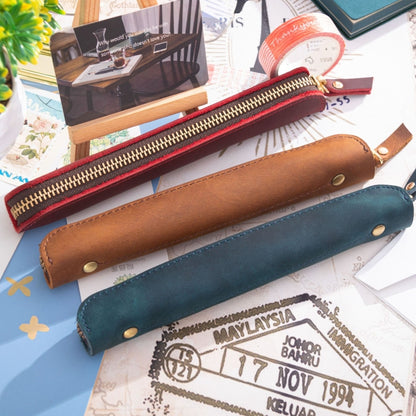 Retro Simple Leather Stylus Leather Zipper Pen Protection Case Crazy Horse Skin Mini Pen Case(Deep Brown) - Home & Garden by buy2fix | Online Shopping UK | buy2fix