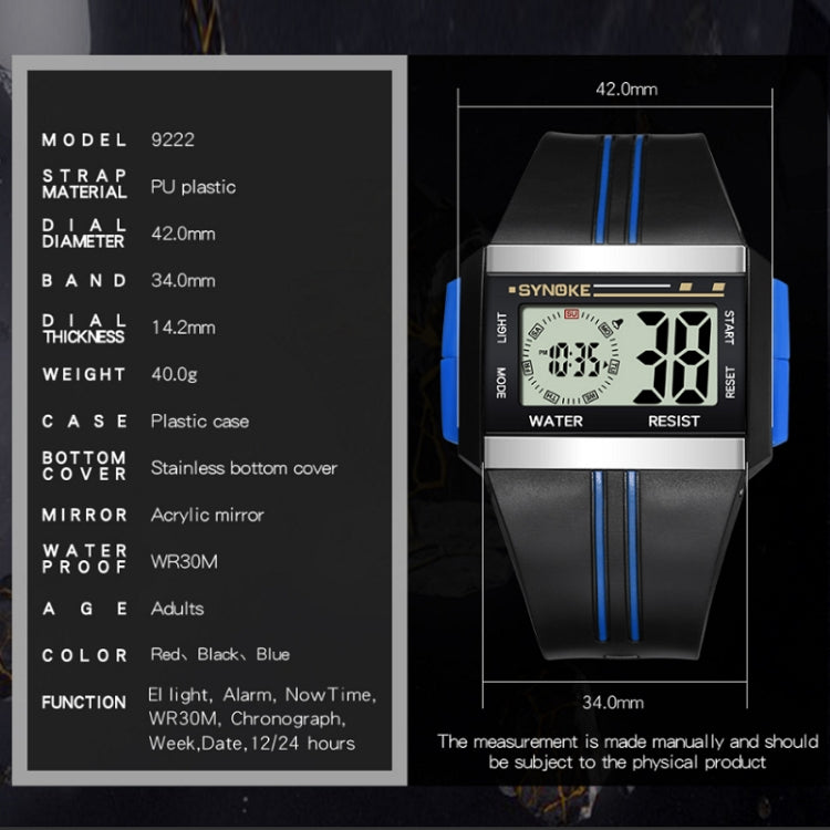 SYNOKE 9222 Men Large Screen Square Multi-Function Waterproof Luminous Electronic Watch(Blue) - LED Digital Watches by SYNOKE | Online Shopping UK | buy2fix