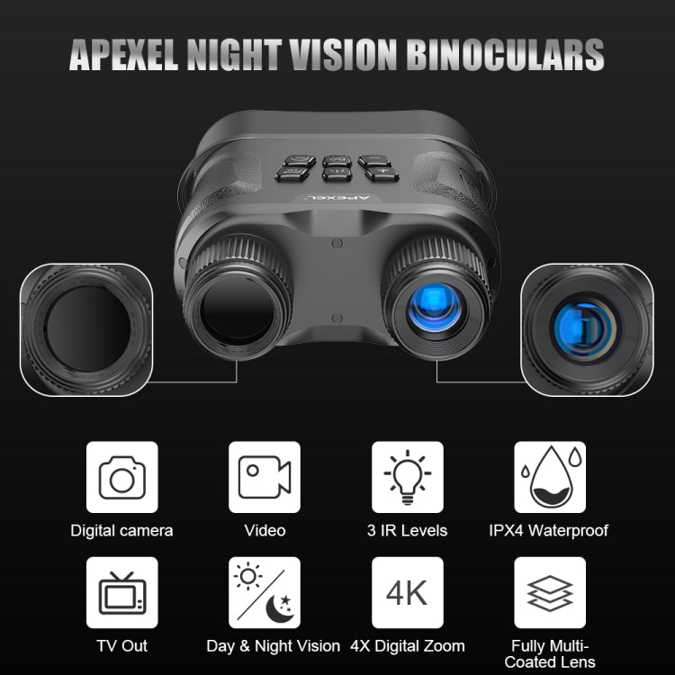 APEXEL Night Vision Binoculars With Video Recording HD Infrared Telescope For Hunting(Black) - Binoculars by APEXEL | Online Shopping UK | buy2fix