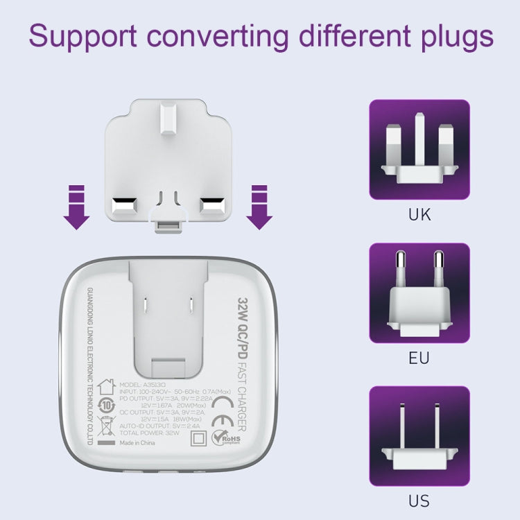 LDNIO A3513Q 32W QC3.0 3 USB Ports Phone Adapter EU Plug with Type-C Cable - Mobile Accessories by LDNIO | Online Shopping UK | buy2fix