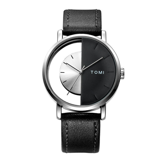 TOMI T080 Hollow Design Half See-through Unisex Quartz Watch(Black White Face Black Strap) - Leather Strap Watches by buy2fix | Online Shopping UK | buy2fix
