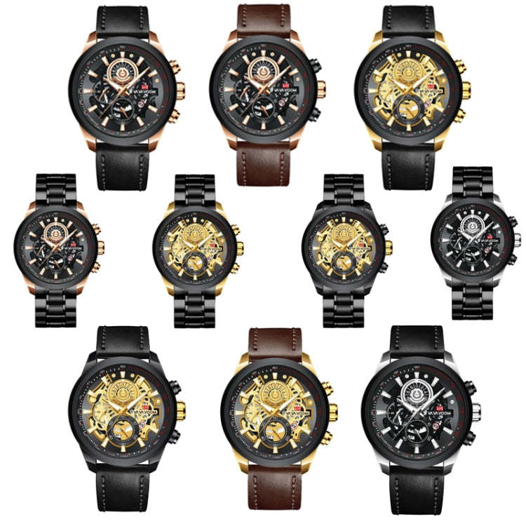 VAVA VOOM 2311P-JK Black Gold Shell Brown Belt Men Waterproof Sports Luminous Calendar Casual Quartz Hollow Watch - Sport Watches by VAVA VOOM | Online Shopping UK | buy2fix