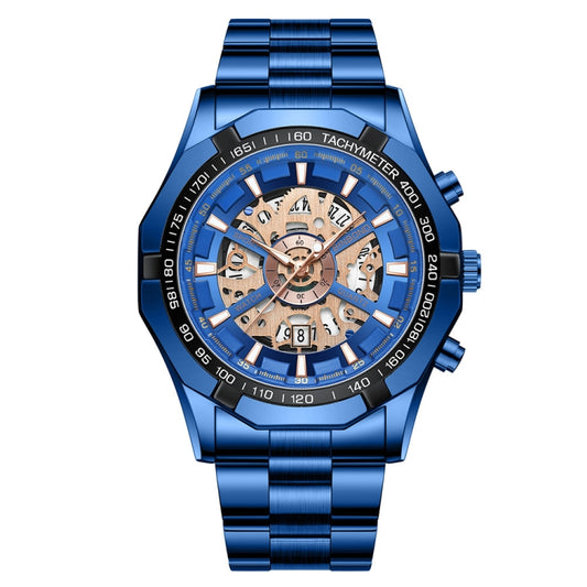 BINBOND S033 Hollowed Mechanical 30m Waterproof Luminous Quartz Watch, Color: Blue Steel-Blue - Metal Strap Watches by BINBOND | Online Shopping UK | buy2fix