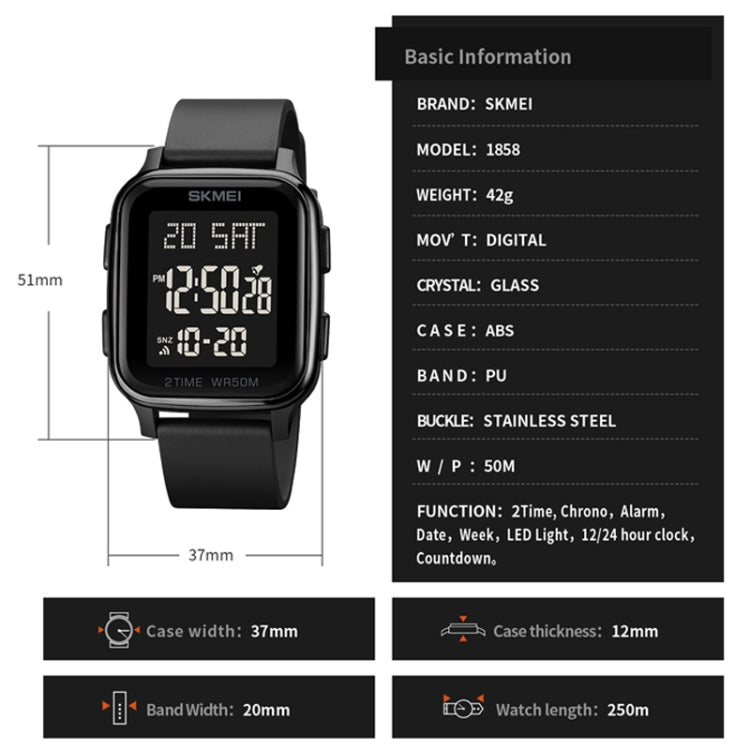 SKMEI 1858 Square Waterproof Digital Dual Display LED Luminous Watch(Black) - LED Digital Watches by SKMEI | Online Shopping UK | buy2fix
