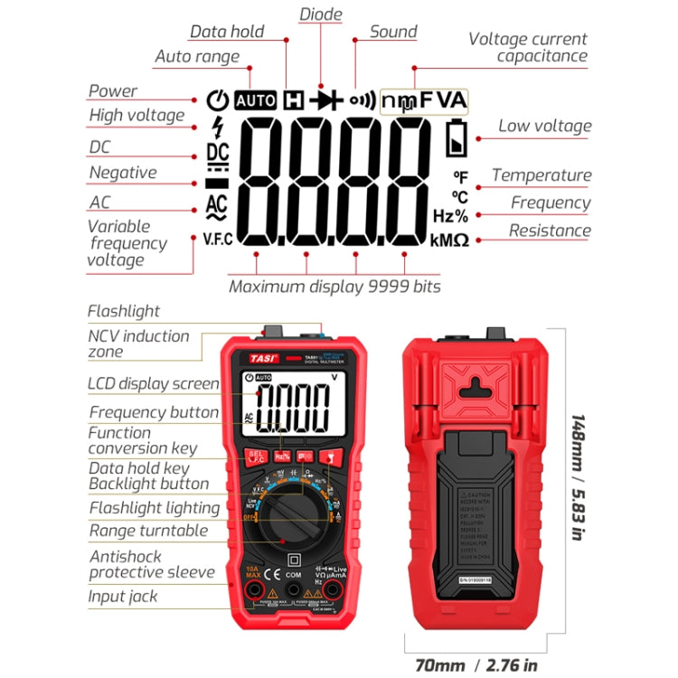 TASI TA801A Digital Multimeter Fully Automatic Multifunctional Digital Current Meter(Manual Model, Without Capacitor Measurement) - Digital Multimeter by TASI | Online Shopping UK | buy2fix