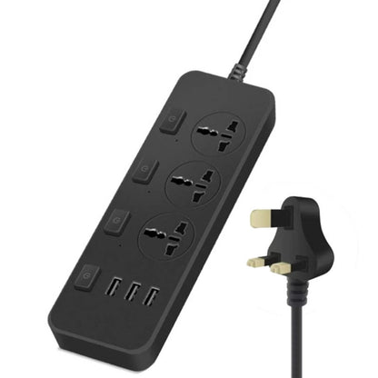 T14 2m 2500W 3 Plugs + 3-USB Ports Multifunctional Socket With Switch, Specification: UK Plug (Black) - Extension Socket by buy2fix | Online Shopping UK | buy2fix