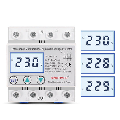 SINOTIMER STVP-932 80A 3-phase 380V LCD Self-resetting Adjustable Surge Voltage Protector - Other Tester Tool by SINOTIMER | Online Shopping UK | buy2fix