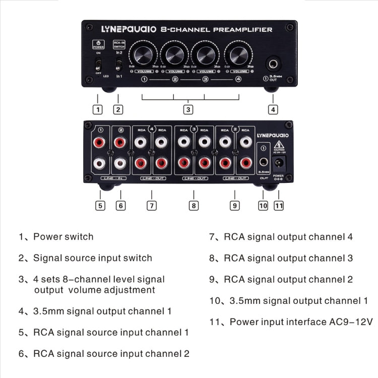 LINEPAUDIO B981 Pro 8-ch Pre-amplifier Speaker Distributor Switcher Speaker Comparator, Signal Booster with Volume Control & Earphone / Monitor Function (Black) - Consumer Electronics by buy2fix | Online Shopping UK | buy2fix